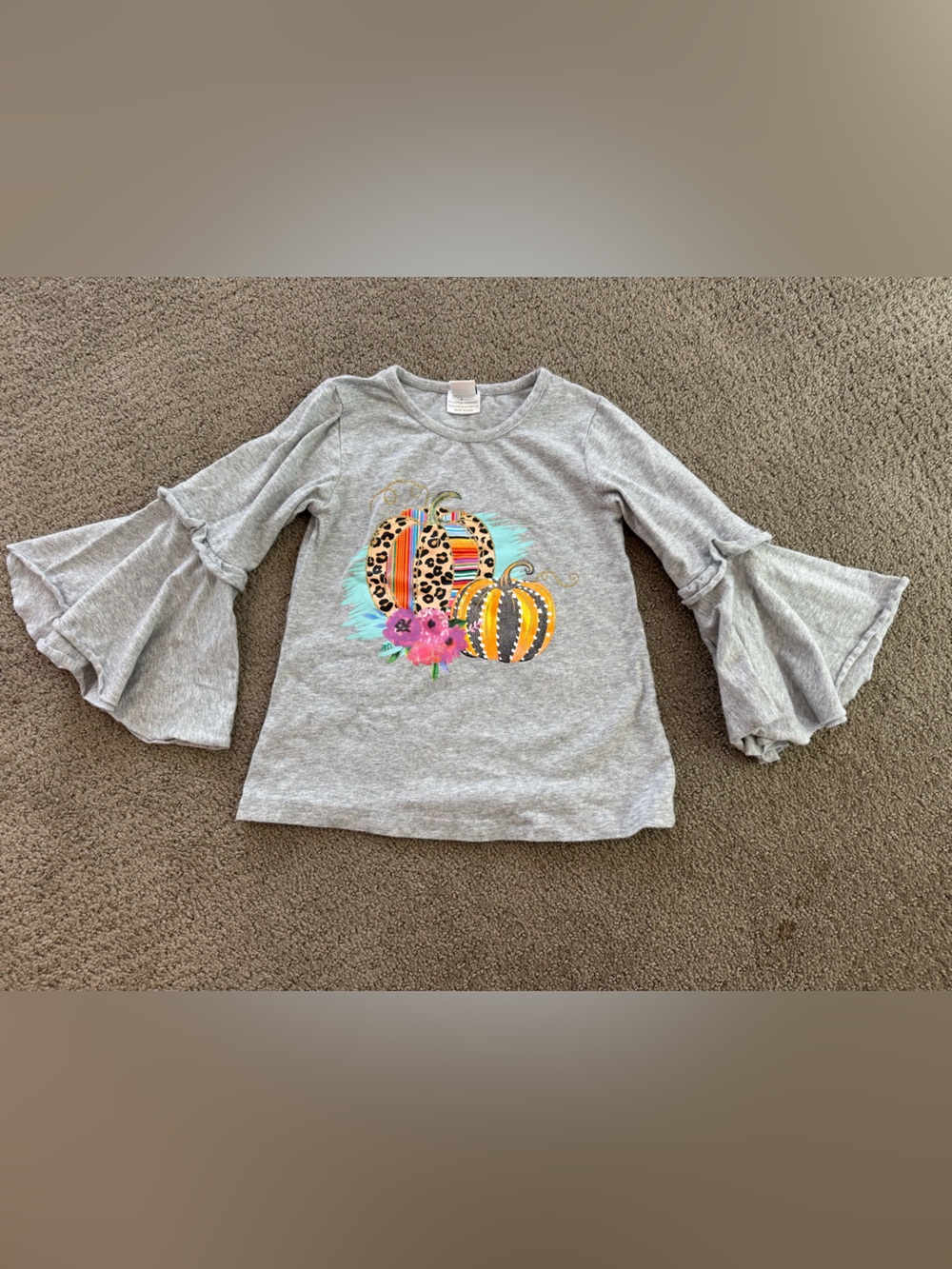 BMG Girls Youth Large Gray Ruffle Sleeve Fall Pumpkin Top – Great Quality
